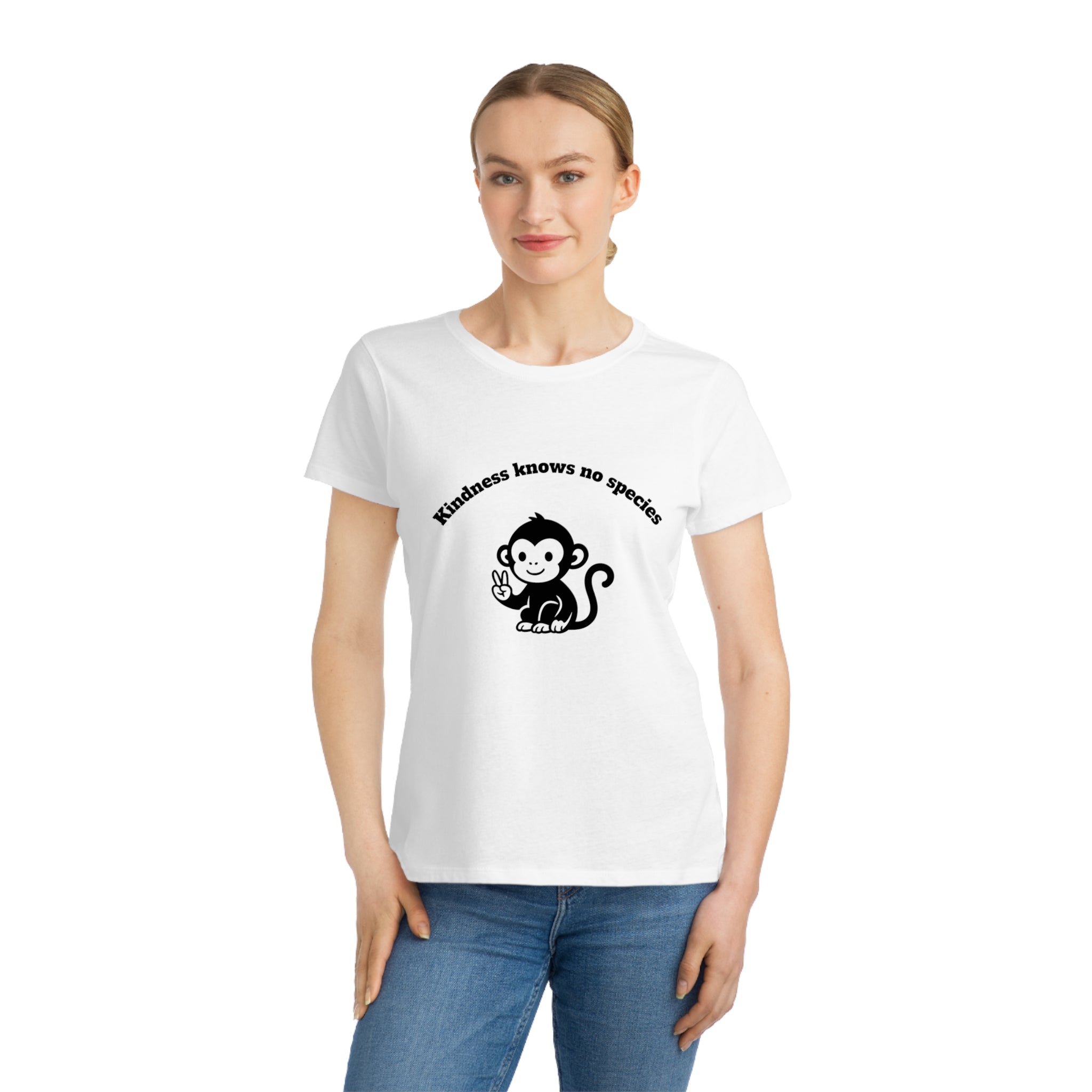 Women's Eco-Friendly T-Shirt — "Kindness Knows No Species" Peaceful Primate Graphic Tee