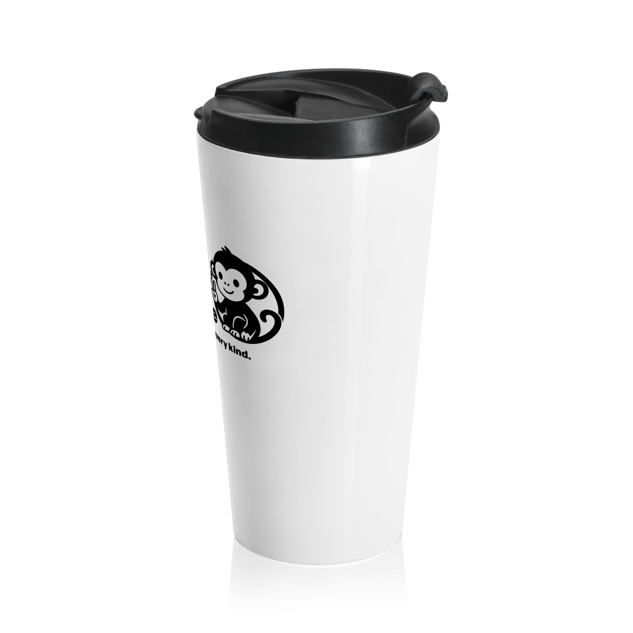Stainless Steel Travel Mug — Peaceful Primate Design (Be Kind to Everyone)
