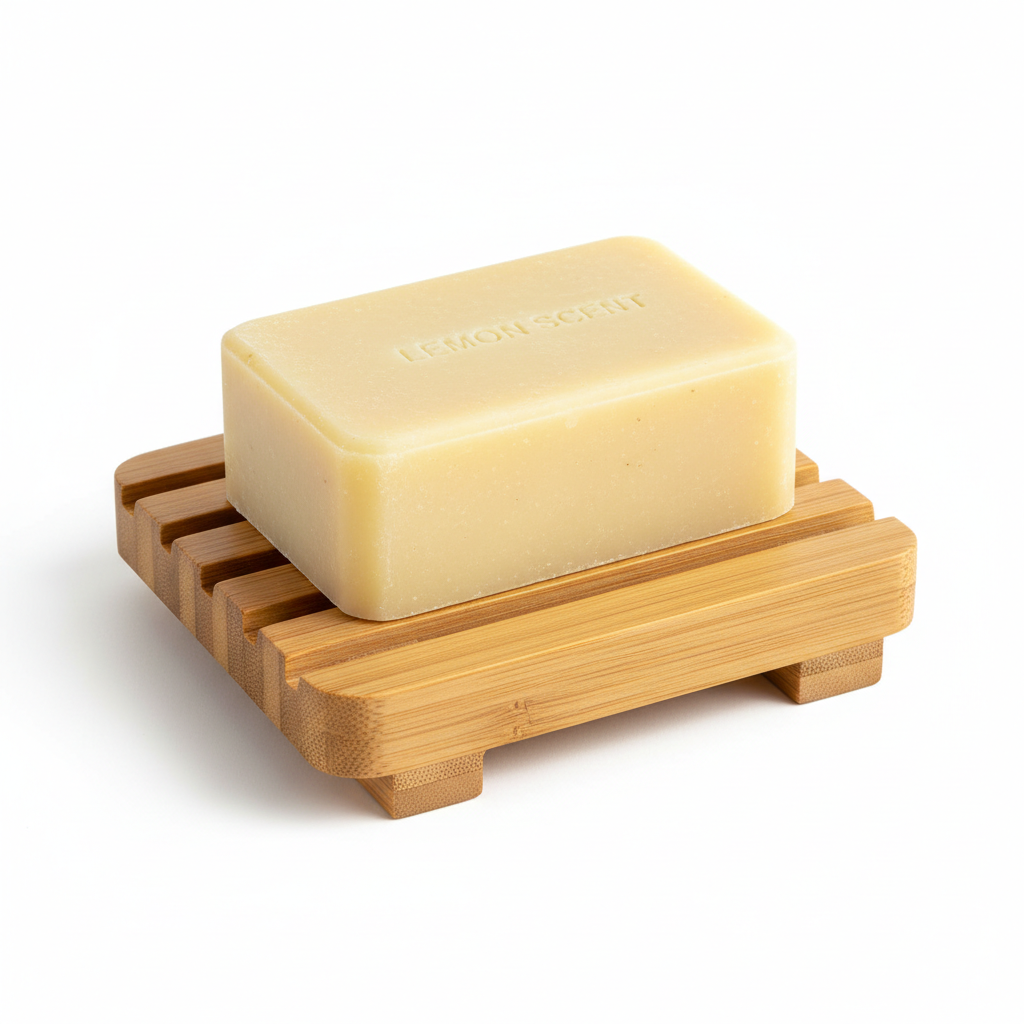 Zero-Waste Dish Soap Starter Kit - Yellow rectangular lemon soap bar on bamboo dish